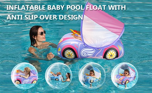 Baby Pool Float with Canopy, PVC Baby Swim Float with Sun Shade Cover, 3D Car Toddler Pool Float Swimming Floats Seat Boat for 12-18, 12-24 Months, Age 2-3, 1-4 Years (Pink Canopy)