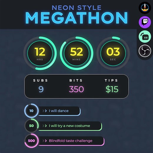 Megathon Widget - Twitch Subathon Countdown Goals Timer Widget for Streamelements, Neon, Animated - Etsy