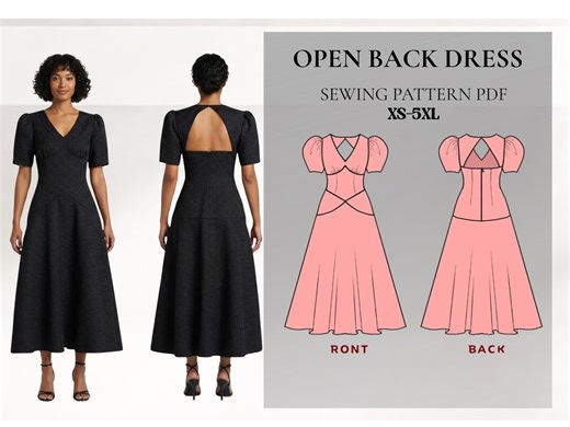 Open Back Midi Dress Sewing Pattern (PDF, XS-5XL) - Etsy