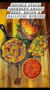 Double Stack Aberdeen Angus Beef, Bacon & Halloumi Burger. Topped with American Cheese. Cool Mayonnaise & Crunchy Lettuce & Red Onion. Inside a Sweet Seeded Brioche Bun. Chorizo Mac & Cheese. Topped with Oak Smoked Bacon. Salt & Pepper Grill Fries & Sweet Baby Ray's BBQ Bean's. Total cost £9.46 that's £2.36 per portion. You obviously don't have to make them this big you could just have single Burgers. Absolutely Delicious. Happy Cooking Folks. | Gary May