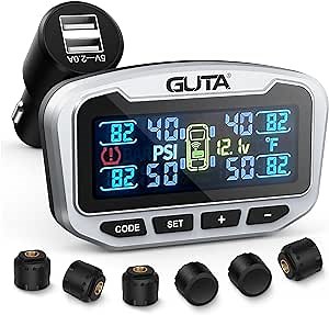 Amazon.com: GUTA RV Tire Pressure Monitoring System, Trailer TPMS, 6 Sensors, 6 Alert Modes, Long Range Signal, CLA Charging & 2 USB-A Outputs, Adjustable LCD Display, Ideal for RV, Truck, Fifth Wheels (0-188psi) : Industrial & Scientific