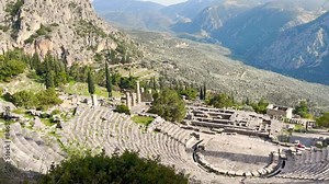Ancient theatre of Delphi with Apollo temple, old greek ruin- Greece