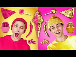 GOLD VS PINK FOOD || EATING ONLY ONE COLOR FOOD FOR 24 HOURS || Sweets By 123 GO! TRENDS