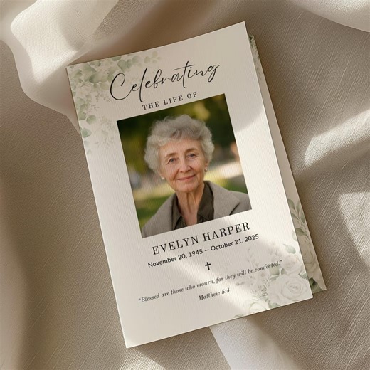 Christian Watercolor Funeral Program Template Editable in Canva Printable Memorial Service Program With Scripture and Obituary - Etsy