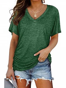 SHIBEVER Womens Tops Short Sleeve V Neck T Shirts with Side Shirring Loose Fit Shirts Pleated Summer Tunic Tops for Women Tees Clothes Casual Solid Color Green Plus Size XXL