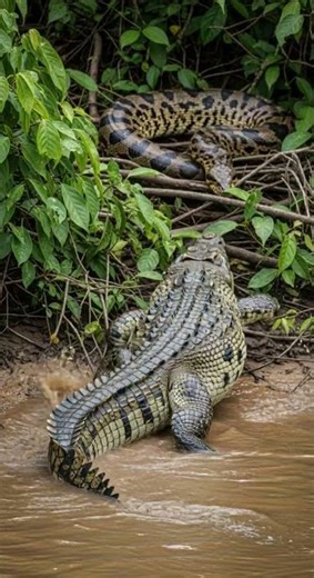 Wow omg anaconda VS crocodile Who will win the ultimate battle #snake #wildlife #nature