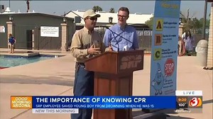 At 15-years-old, now SRP employee Jacob Petersen saved the life of 18-month-old Colter Conway after he nearly drowned in his family's pool. Petersen and Conway were reunited yesterday to share their life-changing story and the importance of learning CPR. | Salt River Project