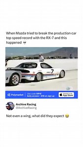 @polymarket In 1992, a wildly modified Mazda RX-7 powered by a 760 horsepower triple-rotor engine shocked the motorsport world during a land-speed run at the Bonneville Salt Flats, pushing beyond 220 mph in pursuit of a record. The attempt ended in dramatic fashion when the car suddenly lost rear stability at speed, triggering a violent rollover that destroyed the RX-7 and exposed the brutal realities of high-speed aerodynamics. The driver survived, and the crash went on to become one of the mos