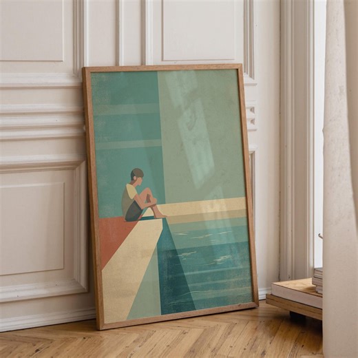 Minimalist Pool Edge Wall Art, Retro Swimmer Print, Mid Century Modern Coastal Poster, Abstract Geometric Landscape, Calm Aesthetic Decor - Etsy