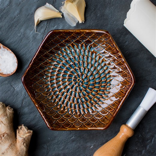 Ceramic Grater Plate Set – Garlic Peeler and Gathering Brush - Tortoise Brown - Etsy