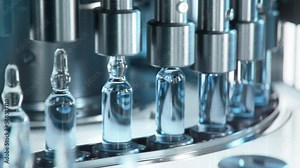 Close-up of Medical Ampoule Production Line at Modern Modern Pharmaceutical Factory. Glass Ampoules are being Filled. Medication Manufacturing Process.