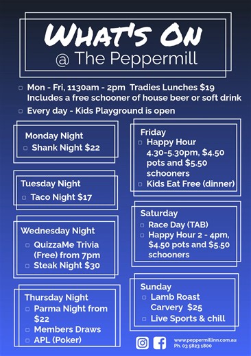 1.9K views | Plenty on here at the Peppermill...for more information on our specials etc or to book a table, please call us on 03 5823 1800...  | Peppermill Inn | Facebook