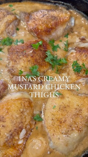 INA’S CREAMY MUSTARD CHICKEN THIGHS 🍗🤌🏼 Can you smell that creamy mustard sauce through the screen? It’s one of my FAVORITE smells on planet earth. This recipe comes from our queen @inagarten - and it’s perfect. Plus, y’all know I love a chicken thigh recipe. Here’s some easy weeknight dinner inspo for ya! Let me know if you have any questions in the comments. Enjoyyyyyy🍗 Ingredients: 8 medium bone-in, skin-on chicken thighs Kosher salt and freshly ground black pepper Good olive oil 2 cups h