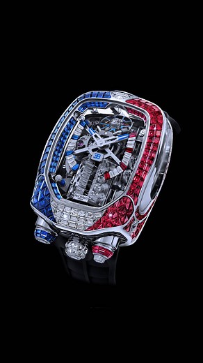 The CHIRON Tourbillon Molsheim Edition by Jacob & Co. is a tribute in exquisite timepiece form to the hometown of BUGATTI Automobiles; a revered location in which for over 114-years the iconic brand has created and manufactured legendary cars that embody and extend the essence of excellence in luxury, performance and craftsmanship. To celebrate 4 years of partnership between both brands, Jacob & Co and BUGATTI created the CHIRON Tourbillon Molsheim edition which features the french flag in blue 