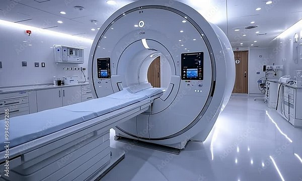 Modern medical imaging room with a CT scanner and examination table.