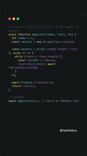 Control async concurrency with a simple worker pool (JavaScript) #coding #javascript #shorts