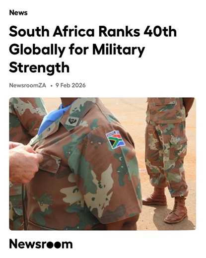 Newsroom ZA on Instagram: "Global Firepower recently published its 2026 military strength ranking for over 145 countries, placing South Africa in the 40th spot. This leaves South Africa’s ranking unchanged from 2025. The Global Firepower Power Index focuses on the diversity of weaponry rather than the quantity of weaponry available."
