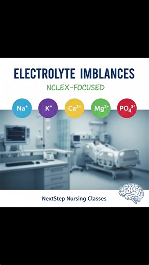 ⚡ Electrolyte Imbalances – NCLEX High-Yield! Na⁺ • K⁺ • Ca²⁺ • Mg²⁺ • PO₄³⁻ made simple & memorable 🧠 Signs, symptoms & nursing priorities you can’t afford to MISS Save this 📌 Revise daily ✍️ Pass NCLEX 💯 Follow NextStep Nursing Classes #nextstepnursingclasses #rnpreetinderkaur #futurern #nursingstudent #electrolyteimbalance