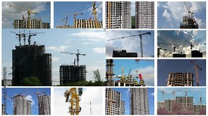 High-rise buildings under construction and cranes, collage, HD.