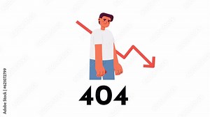 Stock market graph down 404 error animation. Price prediction. Bankruptcy error message gif, motion graphic. Unsuccessful businessman animated character cartoon 4K video isolated on white background