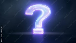 Glowing neon question mark on a dark background, a symbol of riddle and suspense.