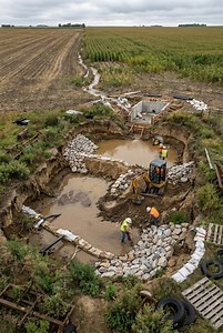 Farm runoff carries valuable soil away during heavy rains. This agricultural sedimentation pond captures silt before discharge, protecting canals, rivers, and farmland downstream. With a concrete inlet basin, stone-lined pond bed, and controlled outlets, the system ensures cleaner water flow and long-term sustainability for agriculture. #SedimentationPond #AgriculturalInfrastructure #FarmRunoff #SoilConservation #WaterManagement #RuralEngineering #ErosionControl #SustainableFarming | CityFix Vis