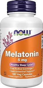 NOW Foods Supplements, Melatonin 5 mg, Free Radical Scavenger*, Healthy Sleep Cycle*, 180 Count (Pack of 1)