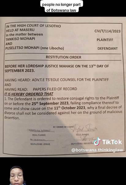 The Botswana courts long did away with the ability to go to court to force a spouse to fulfill conjugal rights because the effect of such orders was to force a spouse to perform acts that they did not or might not have wanted to #botswanathinkinglaw #knowyourlaw #marriage #conjugalrights #botswanatiktok🇧🇼