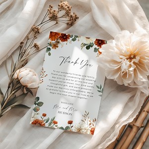 Fall Floral Wedding Thank You Card | Burnt Orange Thank You Note | Terracotta Thank You Photo Cards | Boho Printable Canva Template | C3 - Etsy