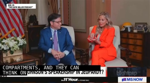 Katie Miller, wife of Stephen Miller—the racist deputy chief of staff—has a podcast. Because why wouldn't she. Katie is very much her husband's match. Her dicey reputation stretches back to college, long before she hitched her wagon to the architect of family separation. Some people mellow with age. Katie sharpened. This episode features Speaker Mike Johnson and his wife Kelly, whom we're told is a "Christian counselor." What transpires reads less like an interview than an SNL sketch that someho