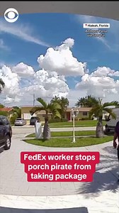 350K views · 9K reactions | Video shows a FedEx worker stopping a suspected porch pirate from taking a package outside a home in Hialeah, Florida on Friday. The homeowner and many online hailed the employee as a hero for preventing the robbery. | CBS News | Facebook