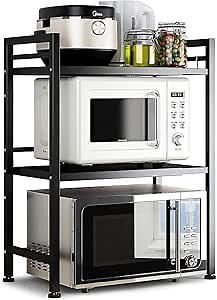 DOLALIKE Microwave Oven Rack, Expandable Microwave Stand Countertop Kitchen Utensils Tableware Storage, Carbon Steel Over Microwave Shelf Countertop with 3 Hooks