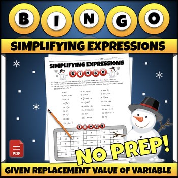 Simplifying Algebraic Expressions with Replacement Activity Christmas Worksheet