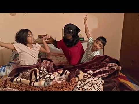 Rottweiler having fun breakfast with kids