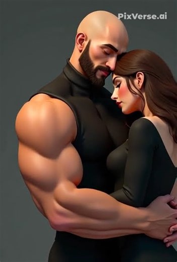 A muscular man and a woman are sharing an intimate embrace