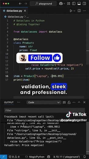 Use The DATACLASS Decorator in Python to Create Simplified Classes #coding #python #programming #pythonprogramming Simplify Python classes with the dataclass decorator! Learn how @dataclass auto-generates __init__ and __repr__ for a Product class with name and price. Use __post_init__ to validate prices (no negatives!) and round to two decimals. See it in action with Product(