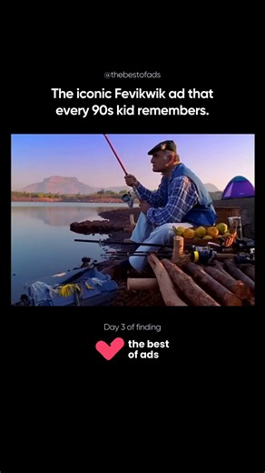 The Best of Advertising on Instagram: "Follow @thebestofads for more. This 90s Fevikwik fishing ad is a perfect example of simple, smart humour. A well-dressed man sits for hours trying to catch fish, but gets nothing. Then a local villager walks in with a basic stick. He puts a few drops of Fevikwik on it, dips it in the water, and pulls it out with multiple fish stuck to the stick. One move, instant result. Without much dialogue, the ad makes the point clearly: Fevikwik sticks fast. Chutki mei