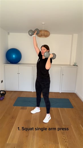 Tanja | Physio & Strength HIIT on Instagram: "🔥 Just 3 exercises right when you need them. Take some exercise snacks throughout your working day with these fab compound staples! ✅ 1. Squat single arm press ✅ 2.Reverse lunge bicep curl - one side then the other ✅ 3. Elevated press ( or on the floor for a harder challenge) 🤗 Do these exercises separately, all together, or build up your sets! 💪 Some muscle load and activation is better than none - just do what you can and build from there. 40 se