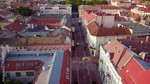Cinematic rise and reveal aerial drone clip of downtown Szeged, a charming historical European city on the banks of the Tisza river on the Southern Great Plane of Hungary