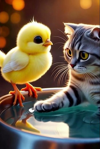 Kitten and Chick's Playtime by the Water