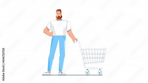 Illustrated Man Standing With Shopping Cart at the Store, Ready to Shop for Groceries 2D Animation