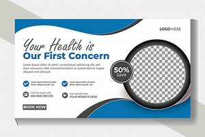 Download Web banner design with medical services video thumbnails and medical services horizontal banner for free