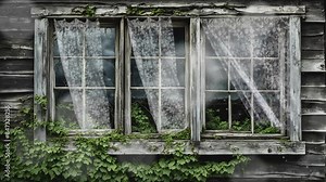 Old wooden window with lace curtains and ivy growing around it, creating a rustic and nostalgic charm. Vintage home decor concept