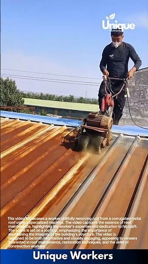 Rust Removal on Metal Roof: Man Uses Power Tool to Clean Corrugated Sheets