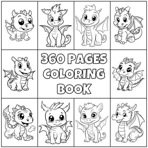 360 Pages Baby Dragon Coloring Book for Kids and Toddlers, Dragons Stress Relief PDF - Etsy