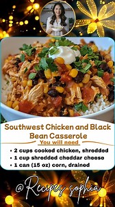 🌶️ Southwest Chicken and Black Bean Casserole – Bold, Hearty & Easy! 🛒 Ingredients 2 cups cooked chicken, shredded 1 can (15 oz) black beans, drained and rinsed | Recipes sophia