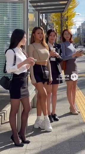 Asian Office Girls Waiting for the Bus