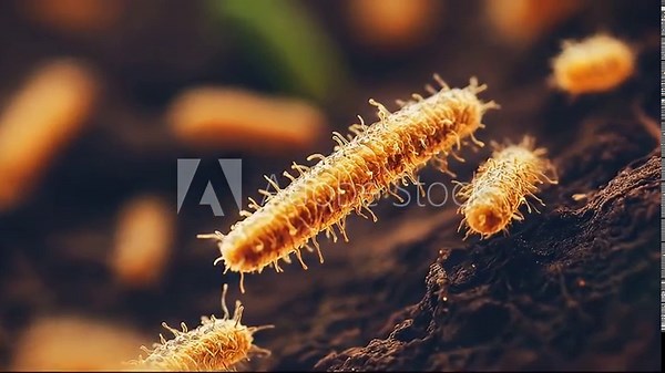 Microscopic View of Rod Shaped Bacteria with Numerous Cilia in Earthy Tones with Soft Focus Background and Detailed Texture