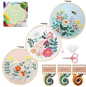 Santune 3 Pack Embroidery Kit for Beginners with Embroidery Patterns, Cross Stitch Kits for Beginners with Instructions,Embroidery Kits for Adults Include 1 Embroidery Hoops,Threads and Needles