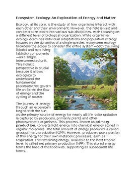 Ecosystem Ecology Environmental Science Worksheet for SubPlan & Homework